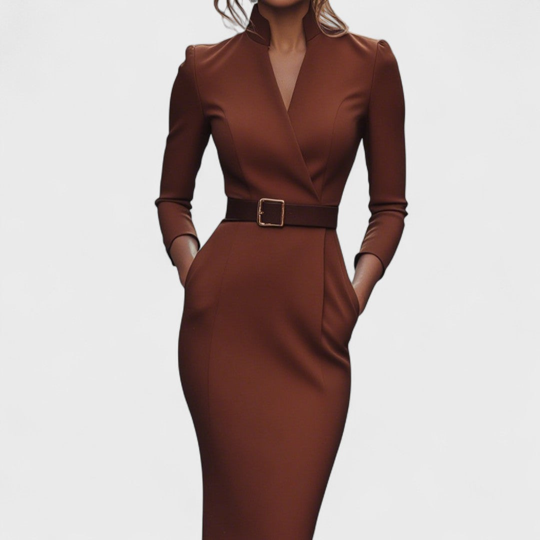 Rochie elegantă de damă tip creion cu decolteu în V și curea - 4 - Modariox