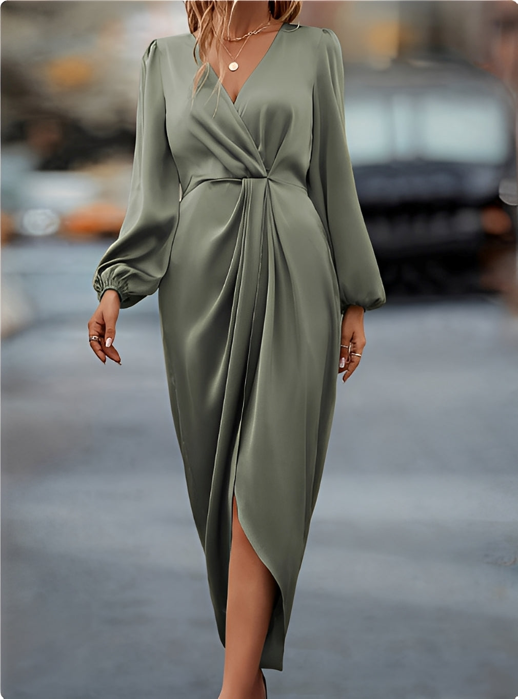 Rochie Midi Petrecută cu Mâneci Lungă și Drapaj | M&R - 1 - Modariox