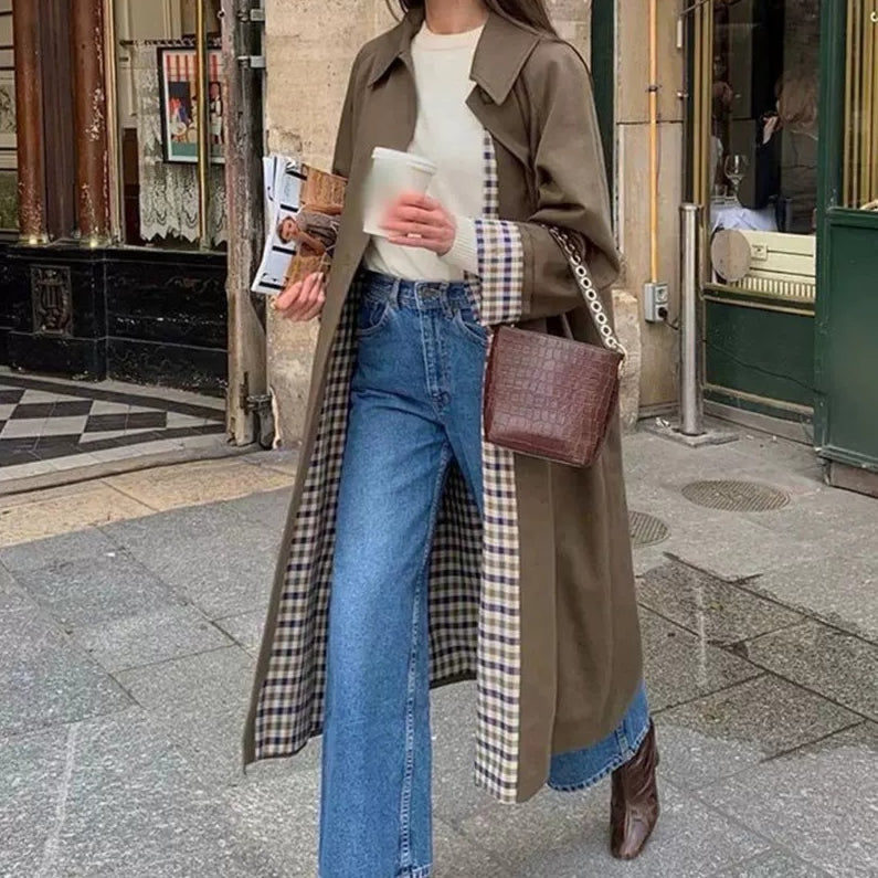 Trench coat lung cu guler revere și căptușeală în carouri | M&R - 2 - Modariox