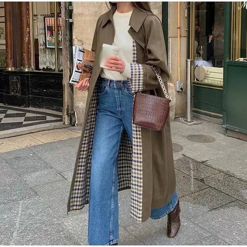 Trench coat lung cu guler revere și căptușeală în carouri | M&R - 3 - Modariox