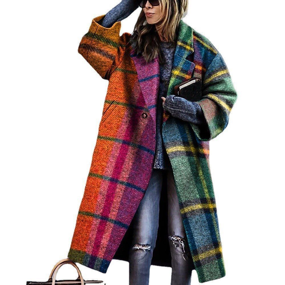 Palton lung cu model în carouri colorate și croială oversized | M&R - 1 - Modariox