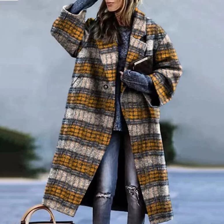 Palton lung cu model în carouri colorate și croială oversized | M&R - 3 - Modariox