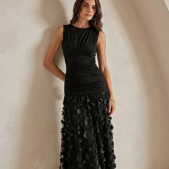 Rochie Maxi de Seară cu Overlay Floral și Croială Ajustată | M&R - 4 - Modariox