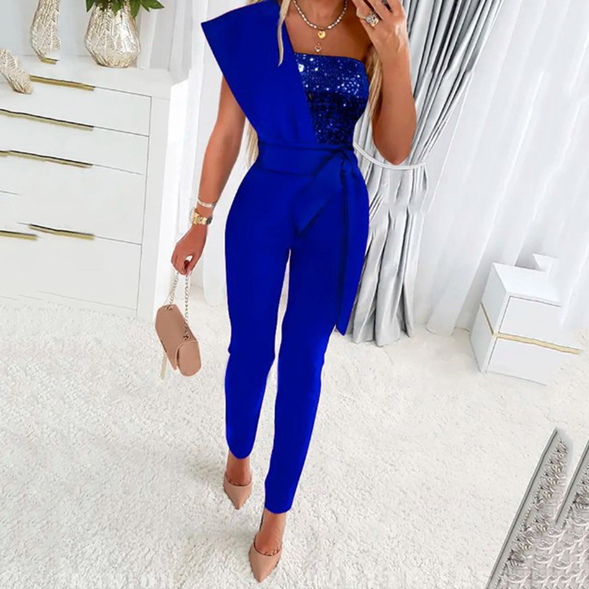 Salopetă de Damă cu design One-Shoulder și detalii strălucitoare | M&R - 3 - Modariox
