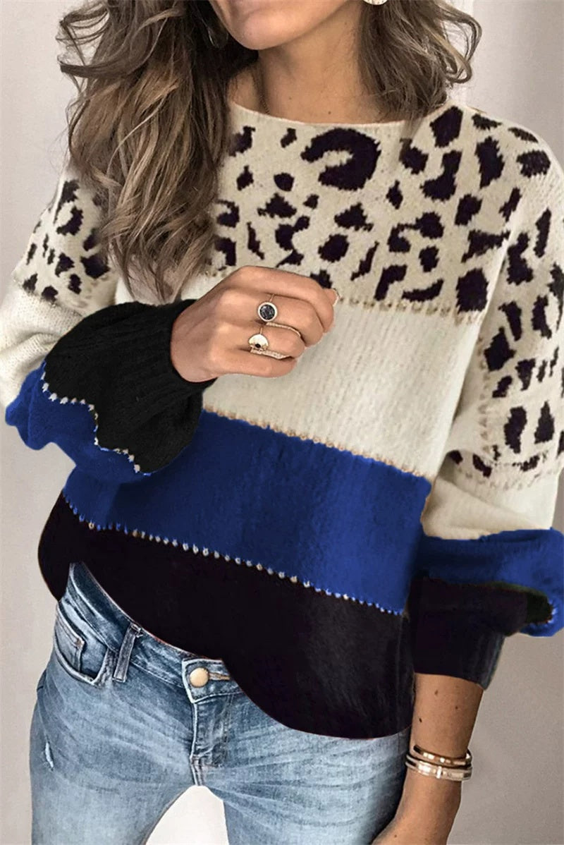 Women's Colour Block Pullover with Animal Print and Puff Sleeves - 1 - Rokvane