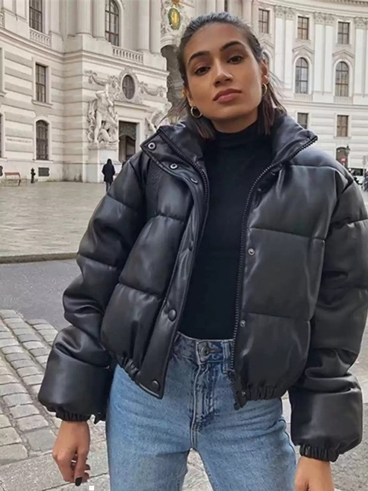 Puffer Jacket Women's Black Faux Leather Cropped Design - 1 - Rokvane
