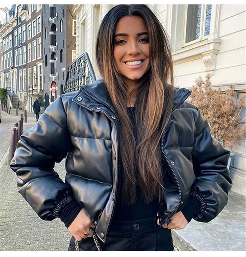 Puffer Jacket Women's Black Faux Leather Cropped Design - 3 - Rokvane