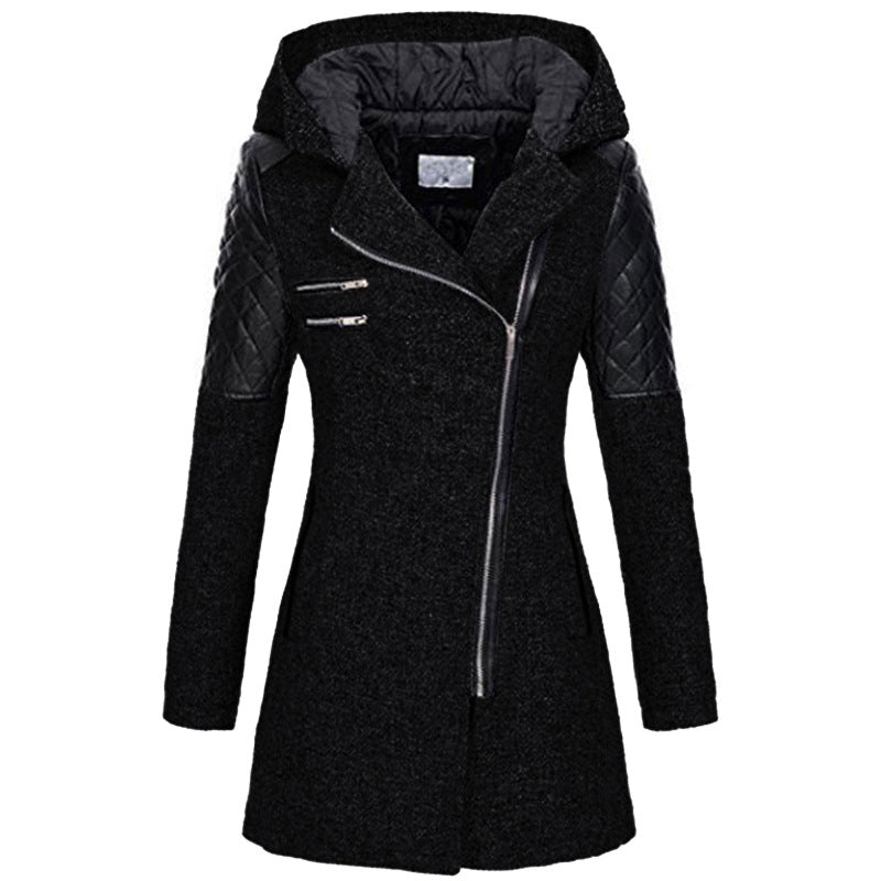 Palton elegant cu fermoar asimetric și glugă pentru femei, culoare neagră - 1 - Modariox