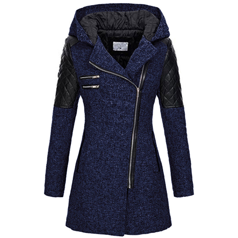 Palton elegant cu fermoar asimetric și glugă pentru femei, culoare neagră - 3 - Modariox