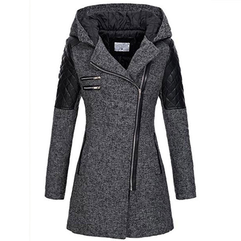 Palton elegant cu fermoar asimetric și glugă pentru femei, culoare neagră - 4 - Modariox