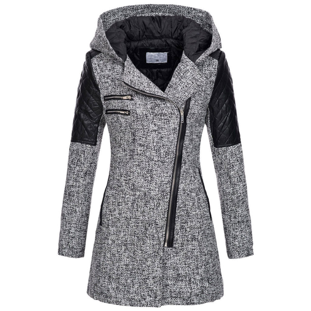 Palton elegant cu fermoar asimetric și glugă pentru femei, culoare neagră - 5 - Modariox