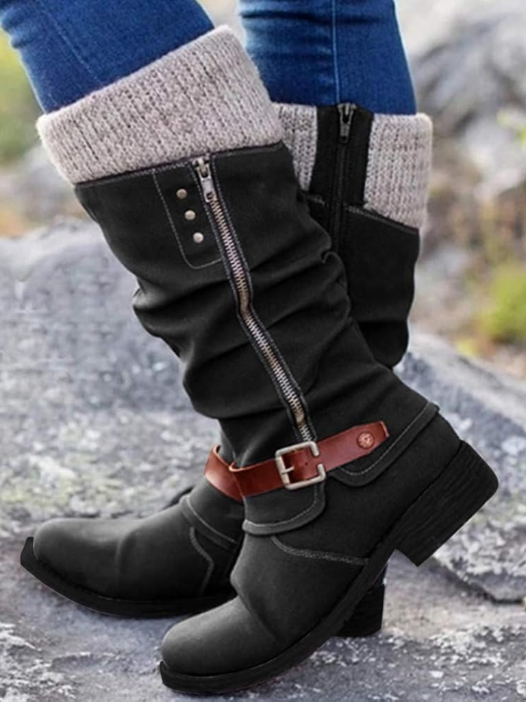 Botine damă cu manșetă tricotată și detaliu curea - 1 - Modariox