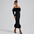 Rochie de seară elegantă cu detalii din pluș și decolteu off-shoulder - 1 - Modariox
