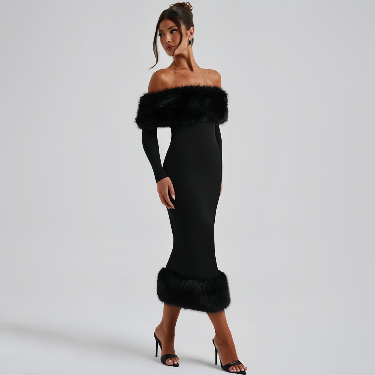 Rochie de seară elegantă cu detalii din pluș și decolteu off-shoulder - 1 - Modariox
