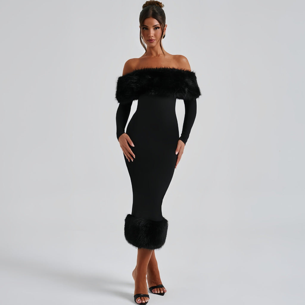 Rochie de seară elegantă cu detalii din pluș și decolteu off-shoulder - 2 - Modariox