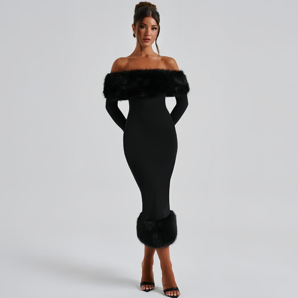 Rochie de seară elegantă cu detalii din pluș și decolteu off-shoulder - 4 - Modariox