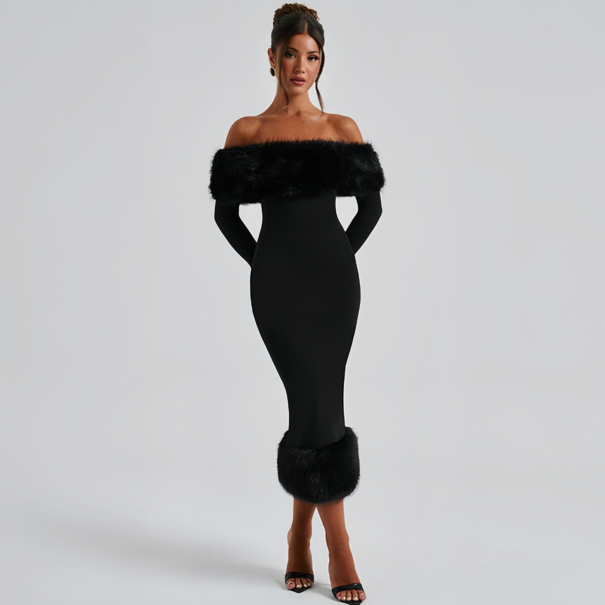 Rochie de seară elegantă cu detalii din pluș și decolteu off-shoulder - 4 - Modariox