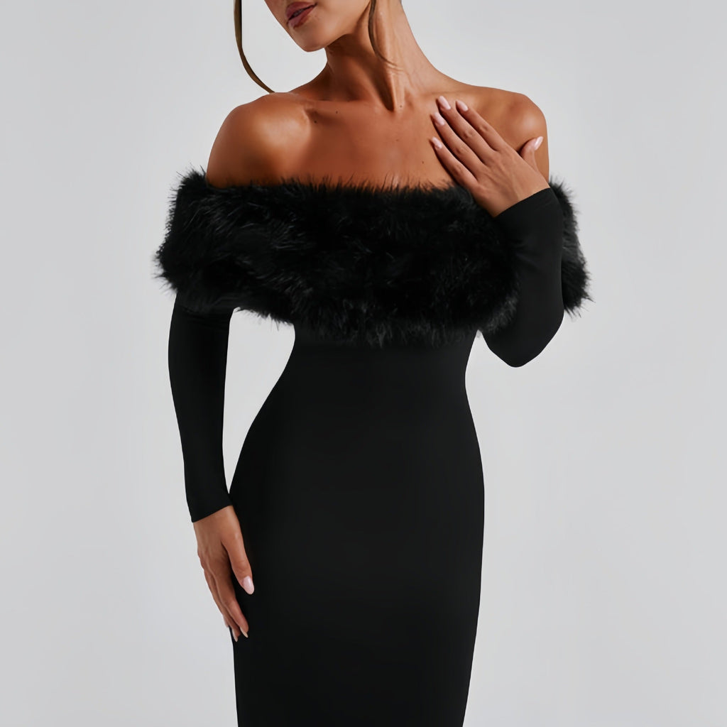 Rochie de seară elegantă cu detalii din pluș și decolteu off-shoulder - 7 - Modariox