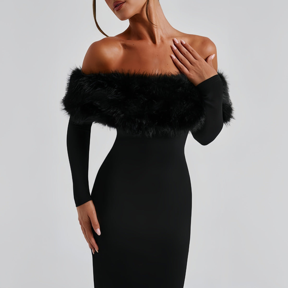 Rochie de seară elegantă cu detalii din pluș și decolteu off-shoulder - 7 - Modariox