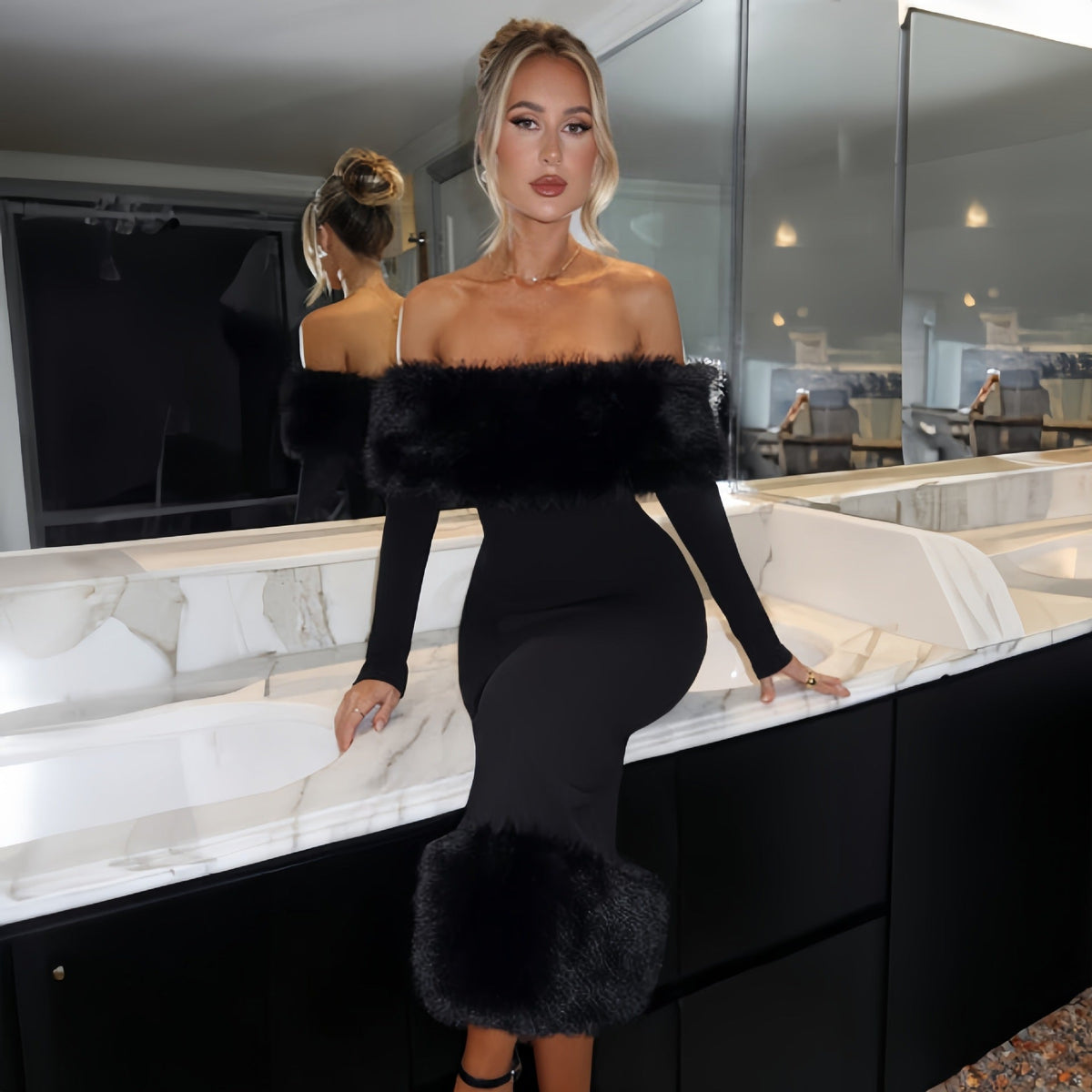 Rochie de seară elegantă cu detalii din pluș și decolteu off-shoulder - 8 - Modariox