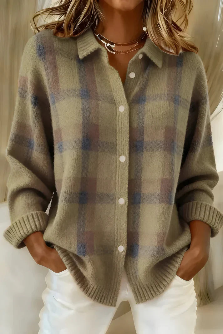 Cardigan damă cu imprimeu în carouri și guler clasic - 4 - Modariox