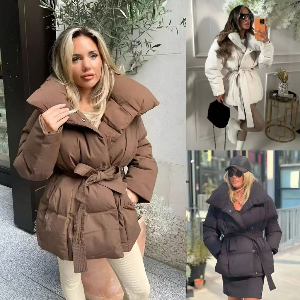 Geacă de iarnă pentru doamne, cu curea, stil oversized și guler generos - 1 - Modariox