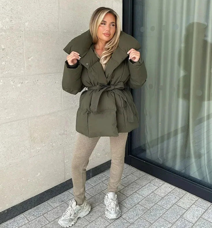 Geacă de iarnă pentru doamne, cu curea, stil oversized și guler generos - 5 - Modariox