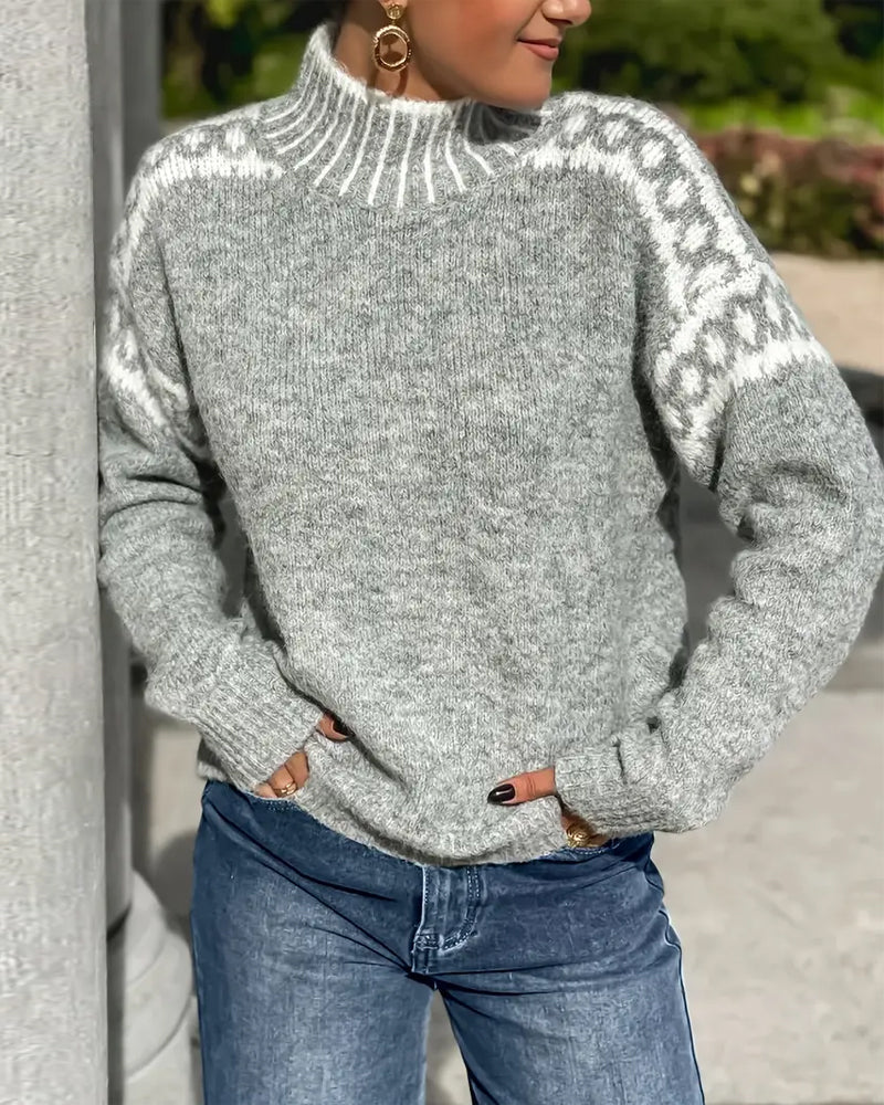 Pulover elegant pentru femei cu guler înalt și imprimeu norvegian - 1 - Modariox