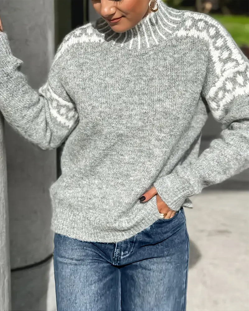 Pulover elegant pentru femei cu guler înalt și imprimeu norvegian - 3 - Modariox