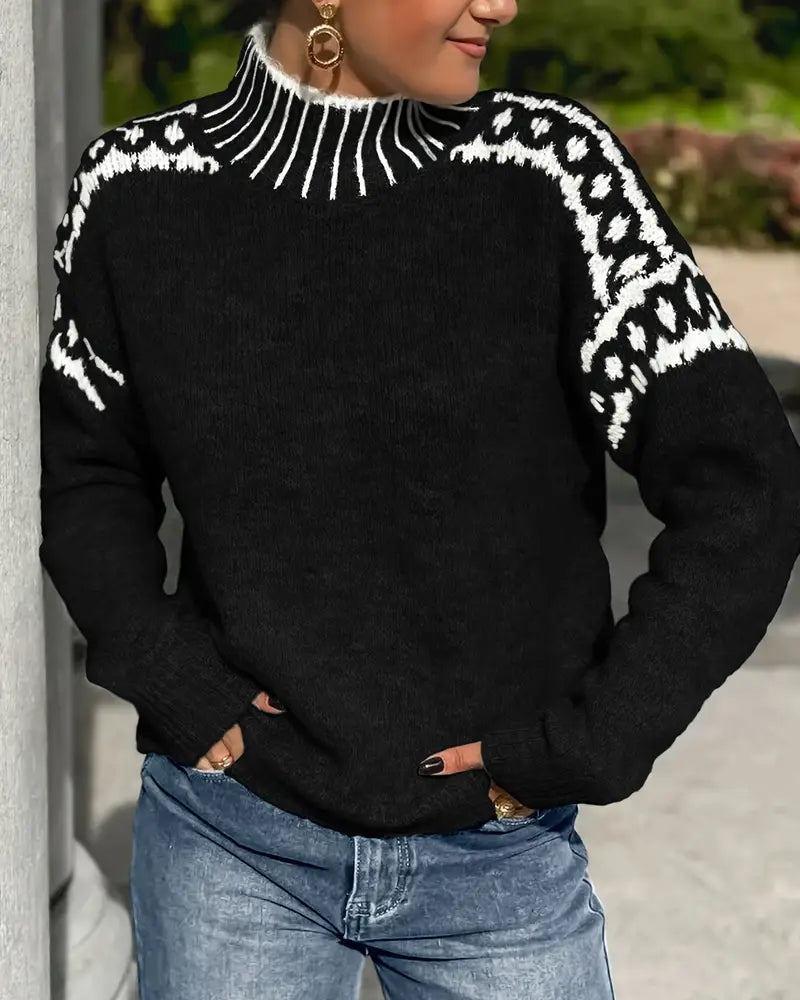 Pulover elegant pentru femei cu guler înalt și imprimeu norvegian - 9 - Modariox