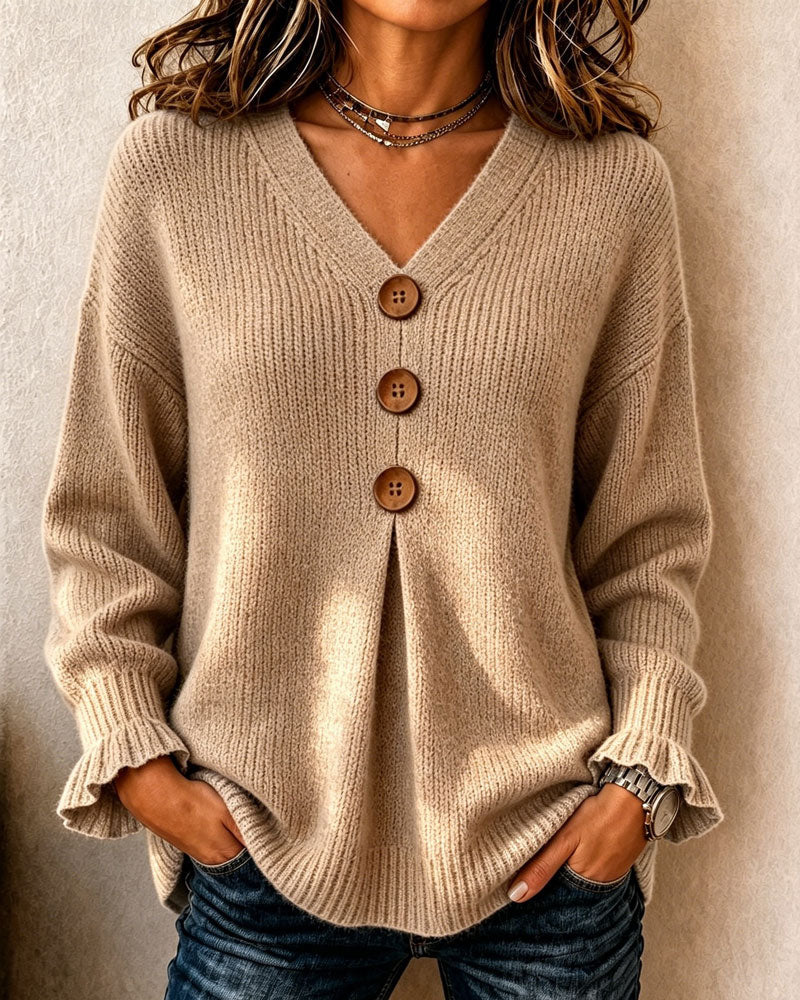 Pullover damă cu decolteu în V și nasturi decorativi - 1 - Modariox