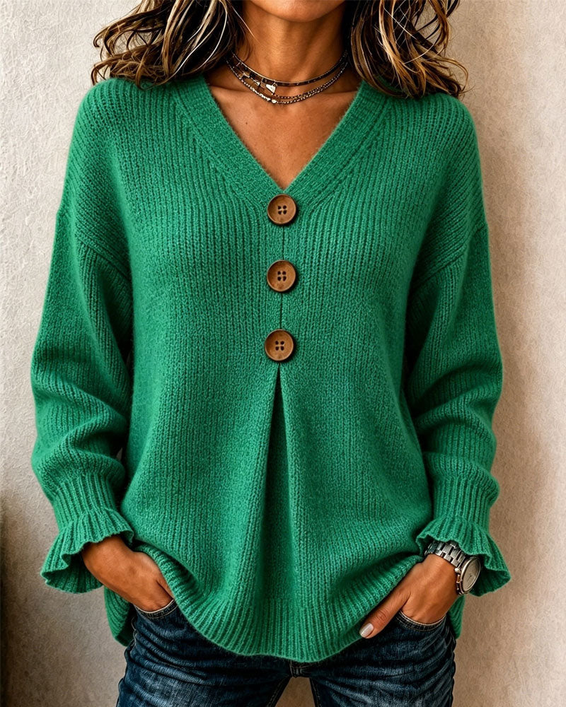 Pullover damă cu decolteu în V și nasturi decorativi - 2 - Modariox