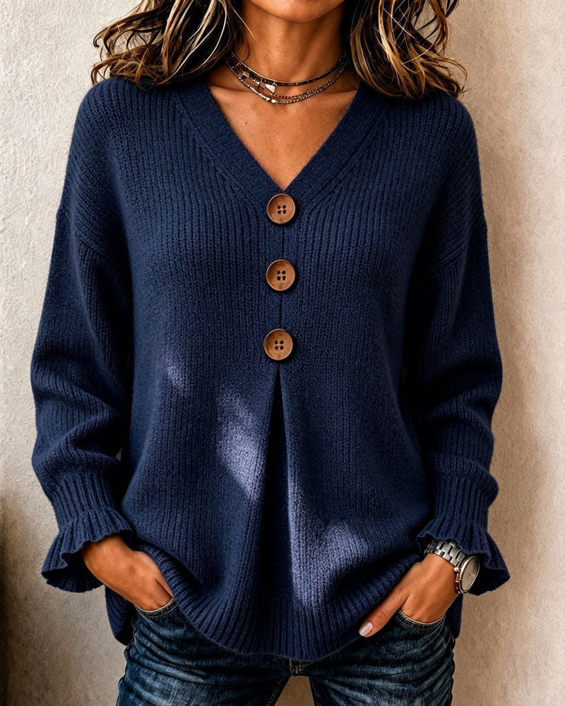 Pullover damă cu decolteu în V și nasturi decorativi - 3 - Modariox