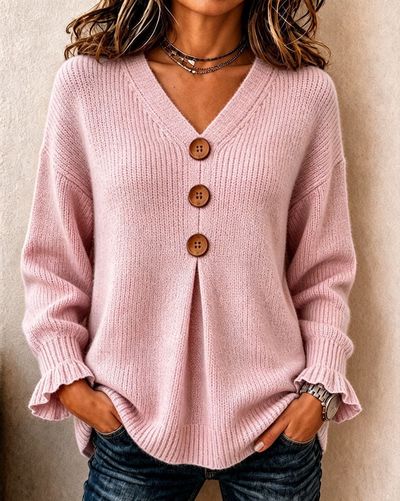 Pullover damă cu decolteu în V și nasturi decorativi - 4 - Modariox