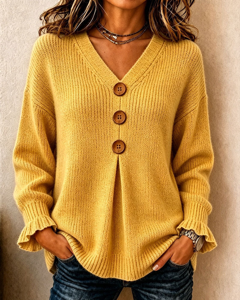 Pullover damă cu decolteu în V și nasturi decorativi - 6 - Modariox