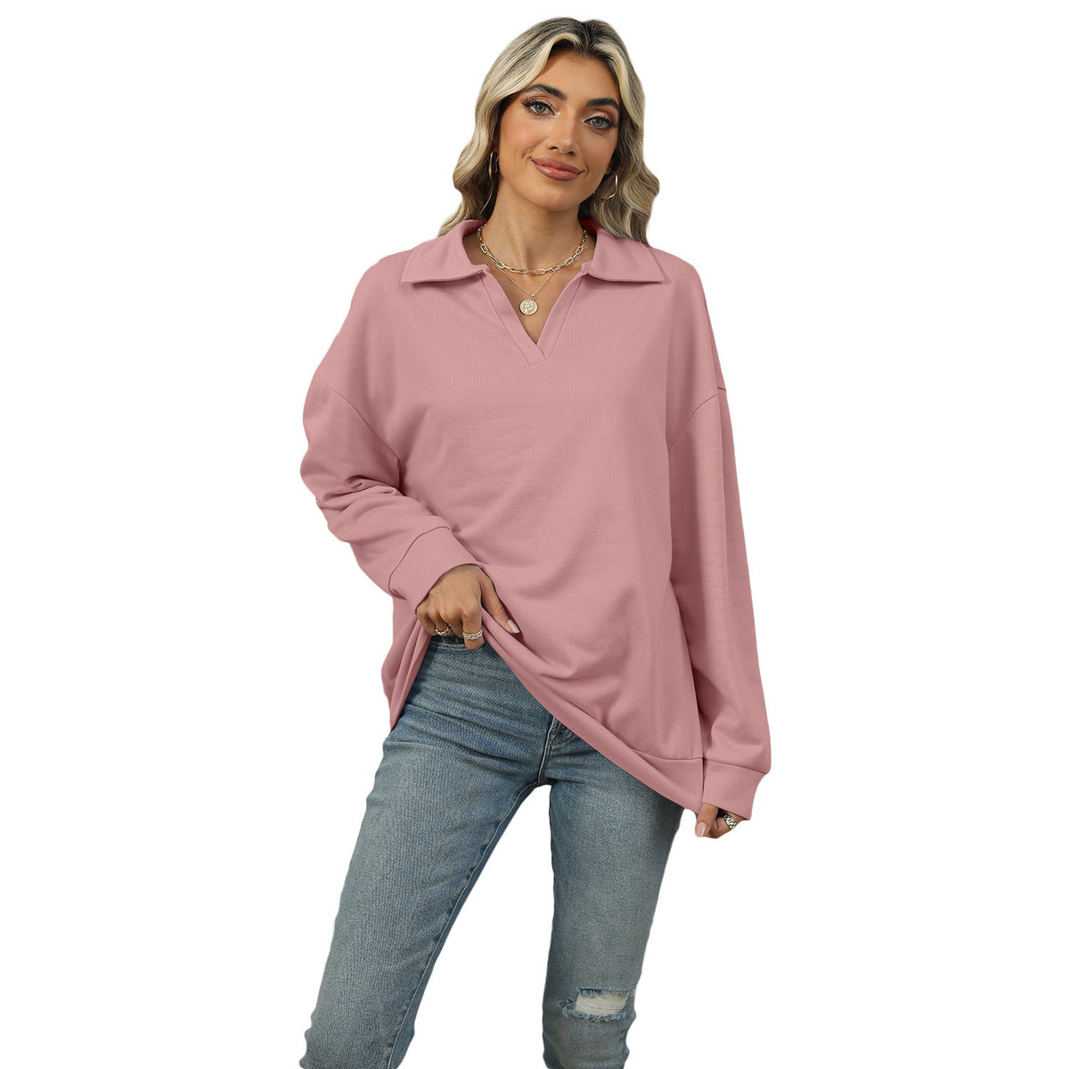 Pulover damă cu guler tip cămașă și croială lejeră - 1 - Modariox