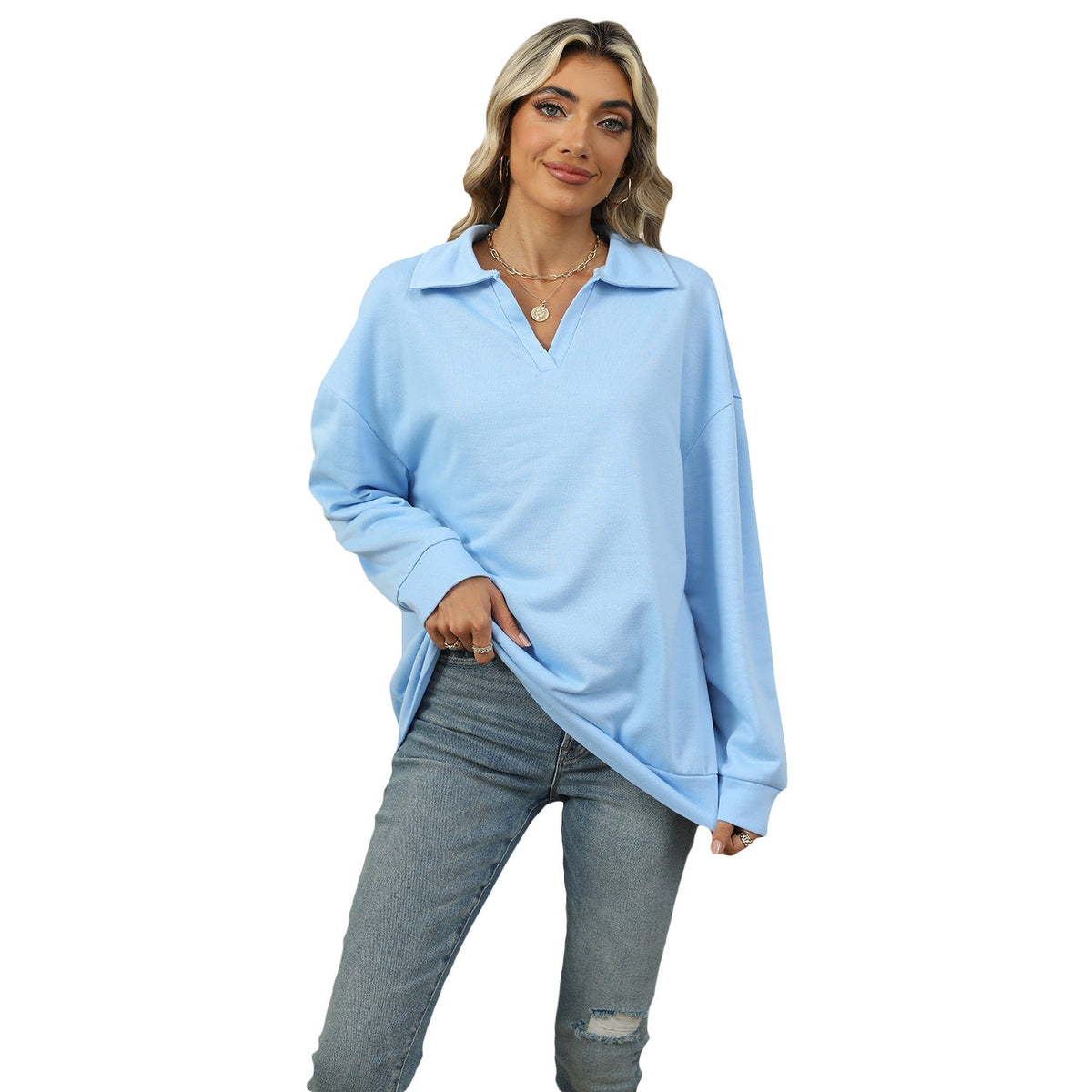 Pulover damă cu guler tip cămașă și croială lejeră - 3 - Modariox