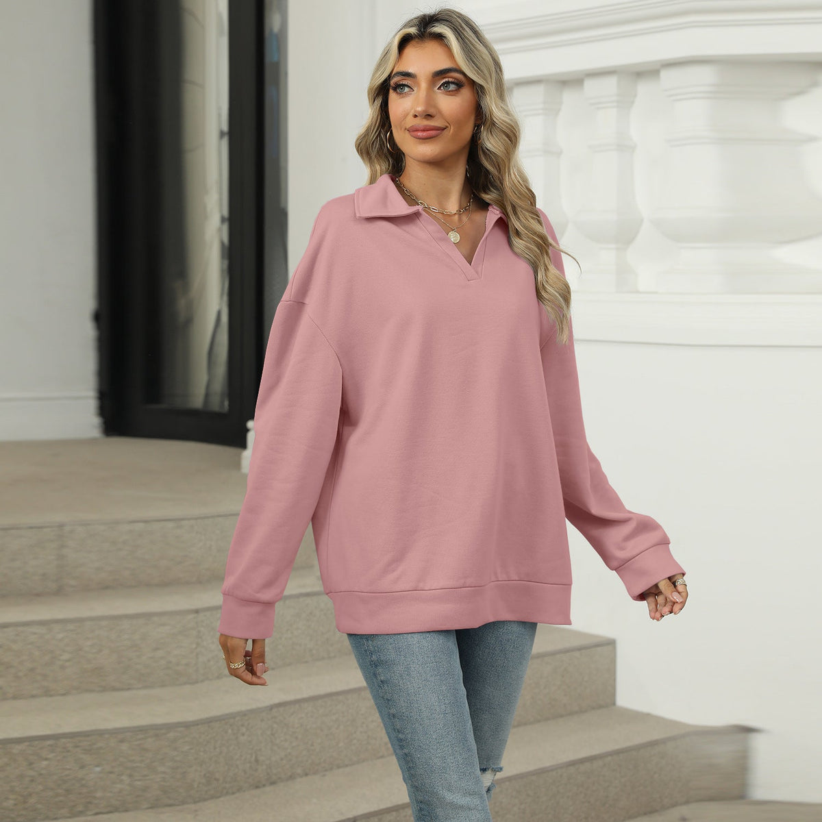 Pulover damă cu guler tip cămașă și croială lejeră - 5 - Modariox