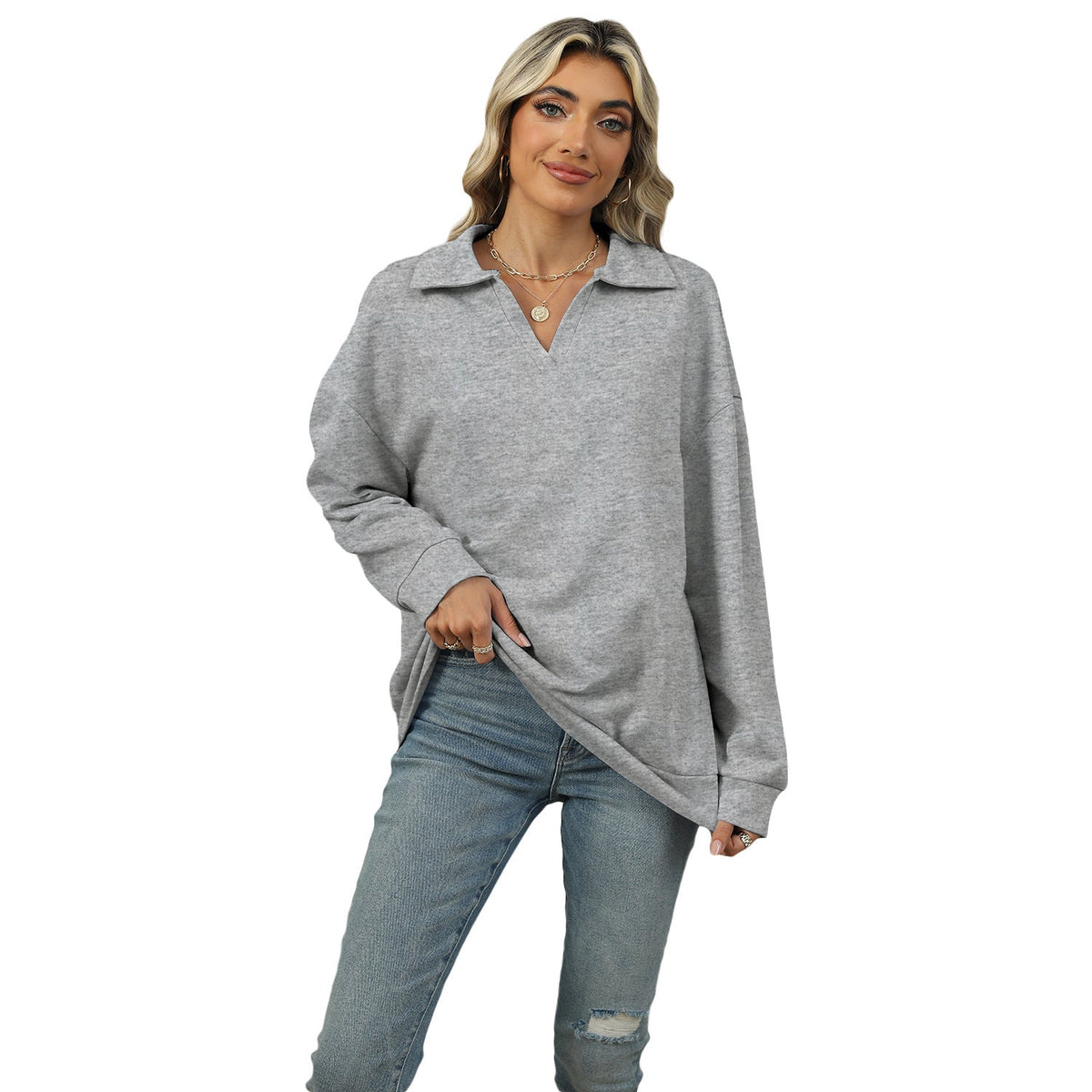 Pulover damă cu guler tip cămașă și croială lejeră - 11 - Modariox