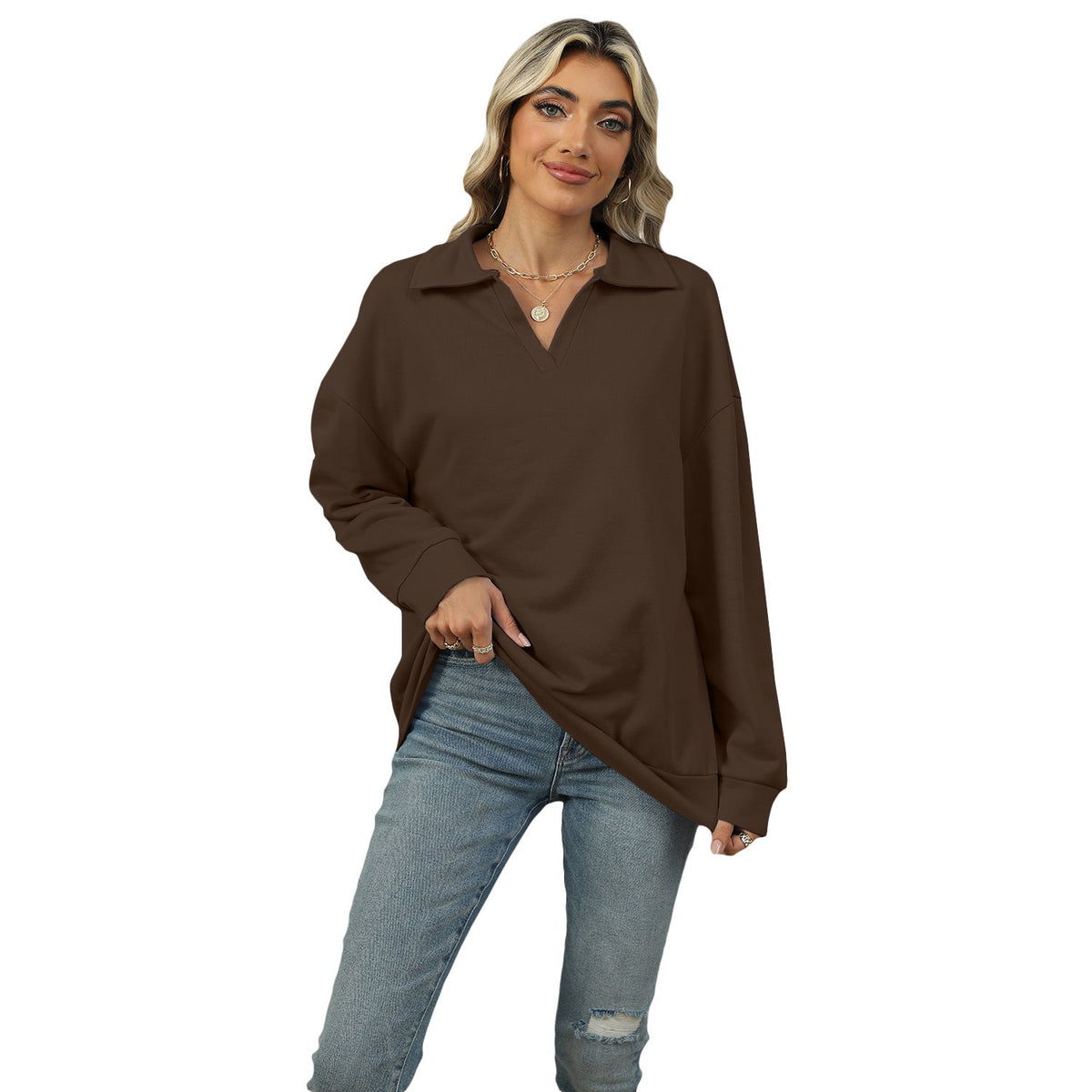 Pulover damă cu guler tip cămașă și croială lejeră - 12 - Modariox