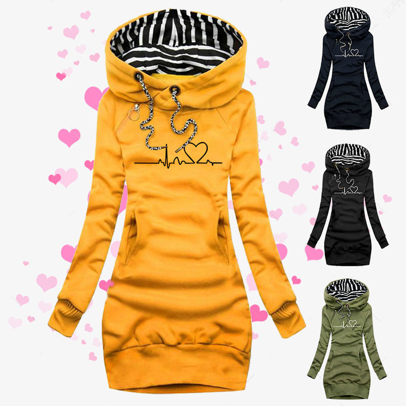 Rochie casual damă cu glugă, mâneci lungi și imprimeu modern - 1 - Modariox