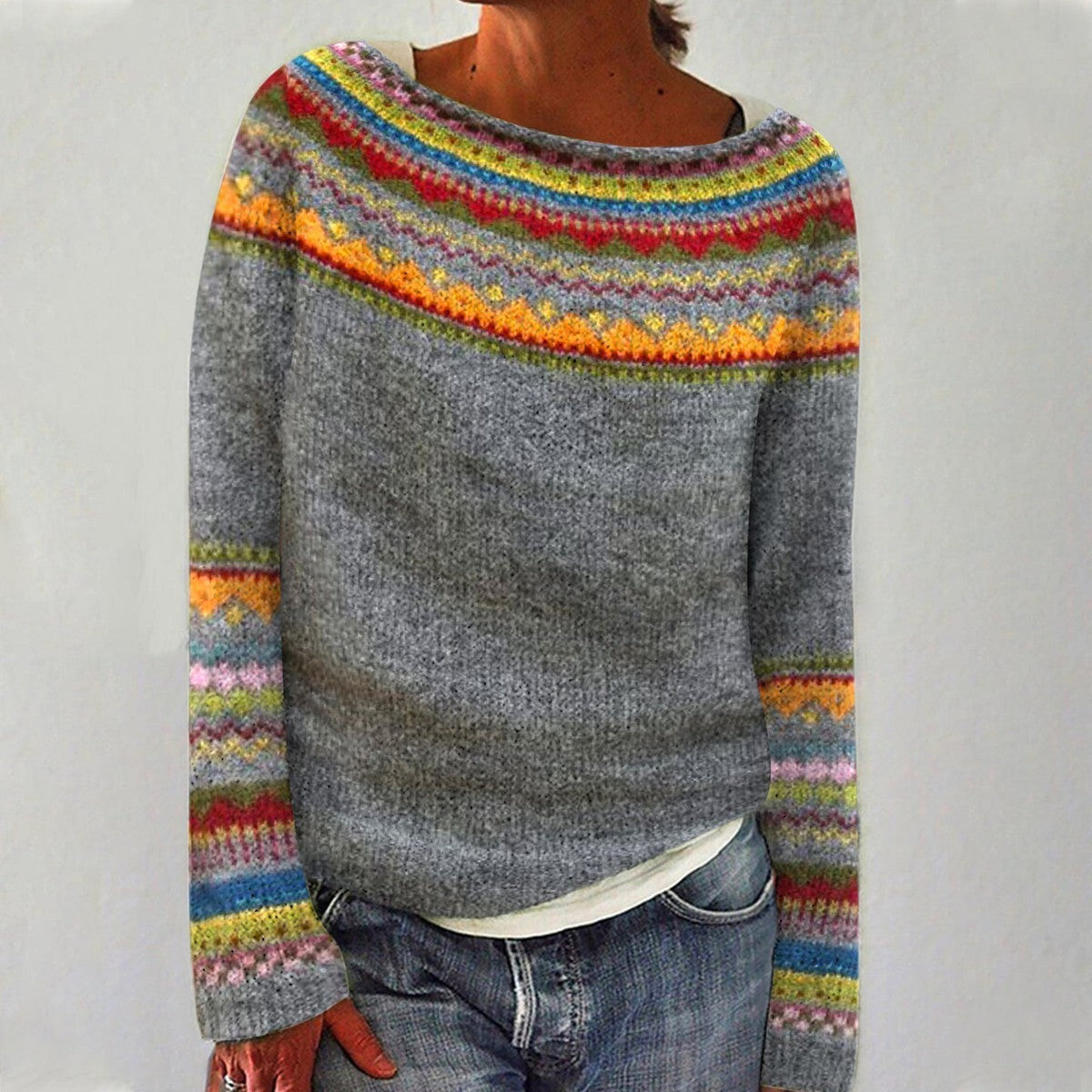 Pullover damă cu guler rotund și imprimeu colorat - 1 - Modariox