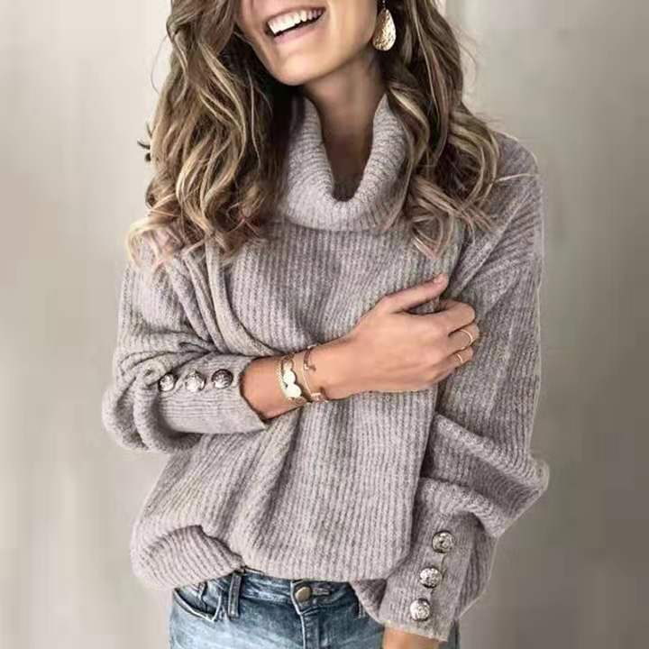 Women's Relaxed Fit Turtleneck Sweater with Button Accents | R&V - 7 - Rokvane