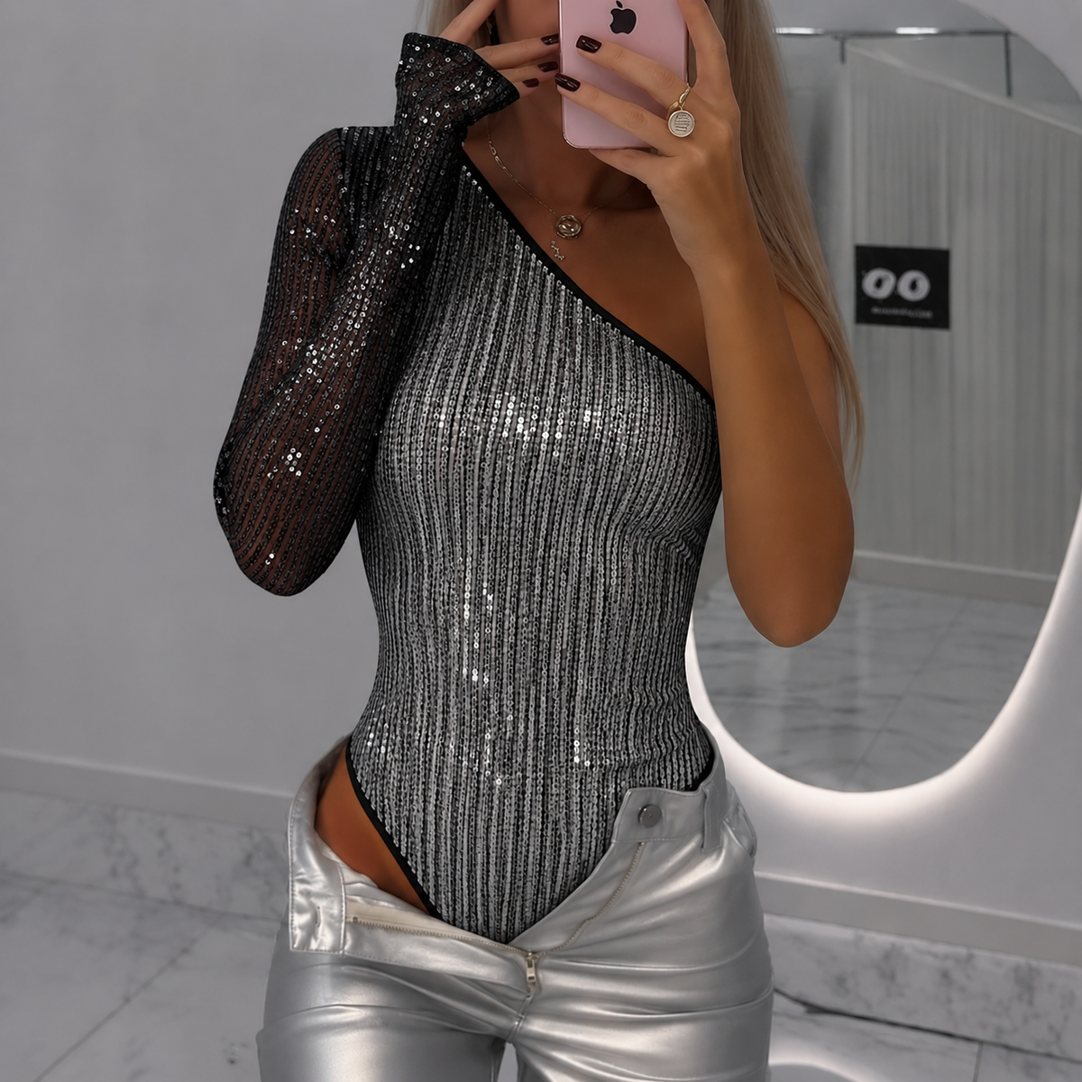 Body elegant cu un singur mânecă și detalii strălucitoare | M&R - 7 - Modariox