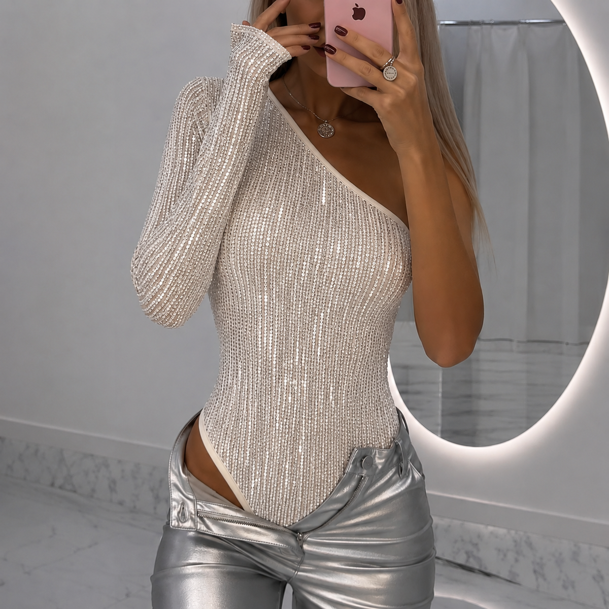 Body elegant cu un singur mânecă și detalii strălucitoare | M&R - 1 - Modariox
