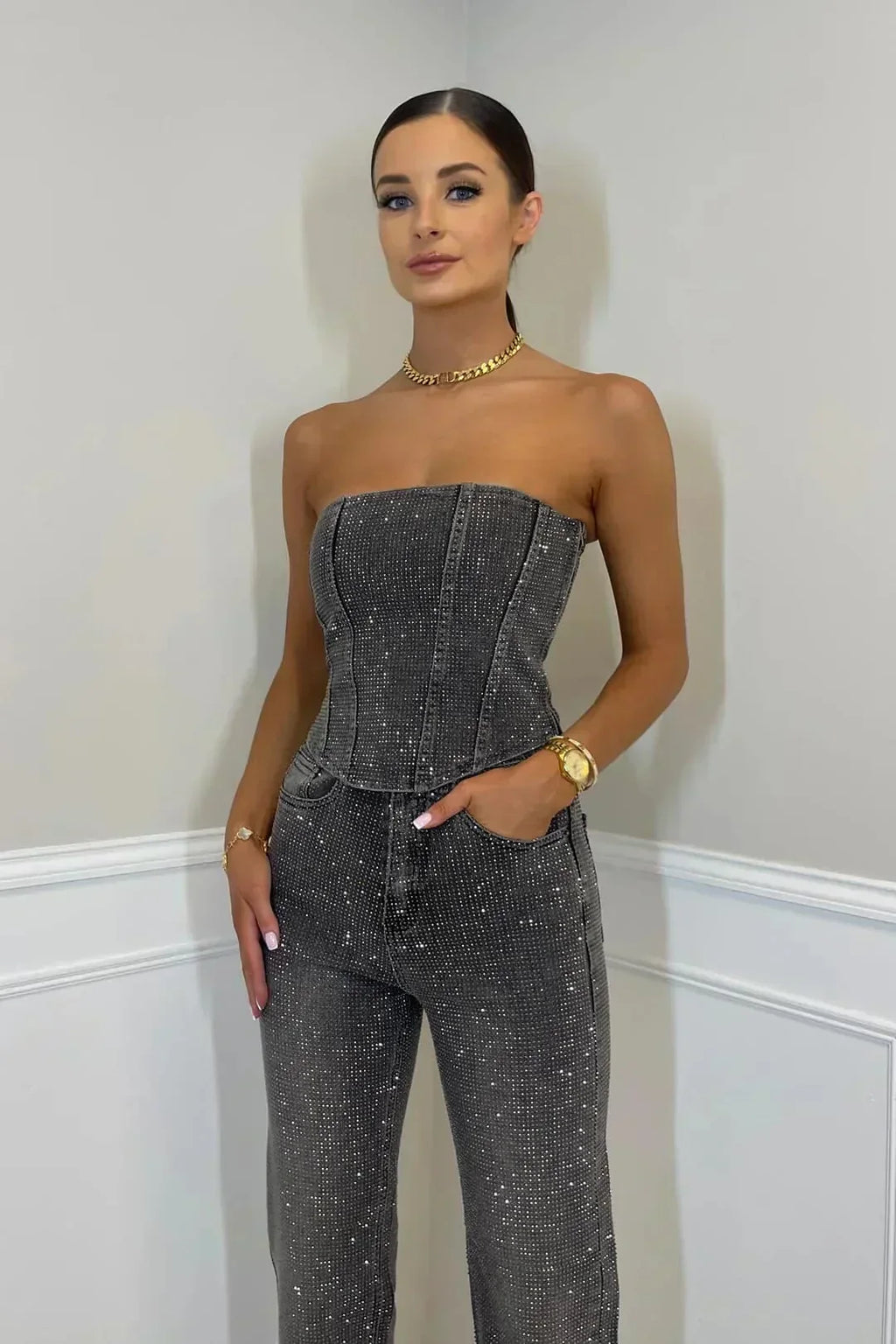 Salopetă elegantă fără bretele cu sclipici | M&R - 4 - Modariox
