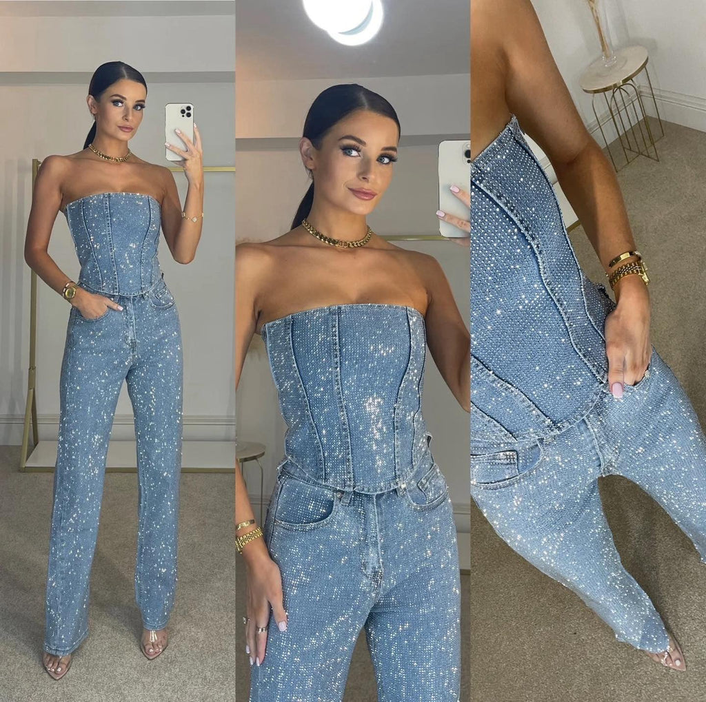 Salopetă elegantă fără bretele cu sclipici | M&R - 2 - Modariox