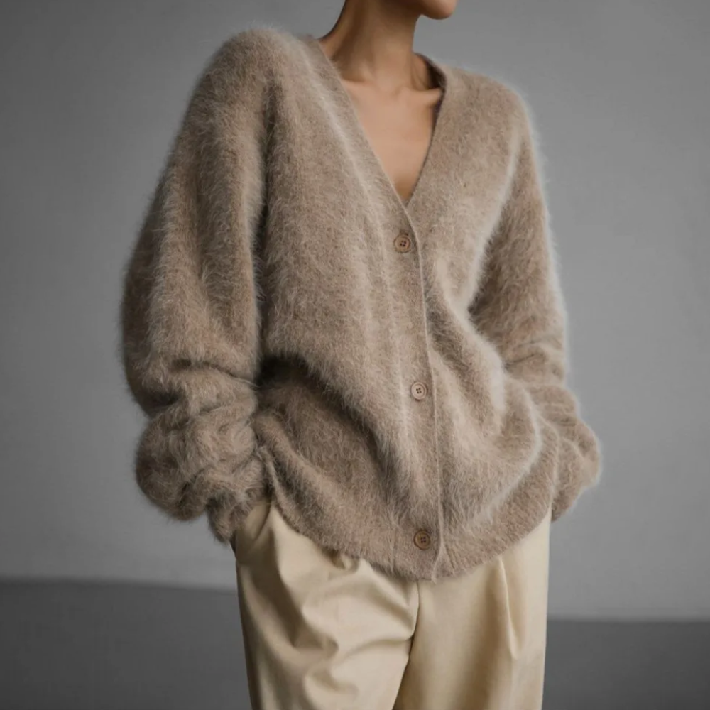 Cardigan din material pufos cu decolteu în V și mânici lungi | M&R - 6 - Modariox