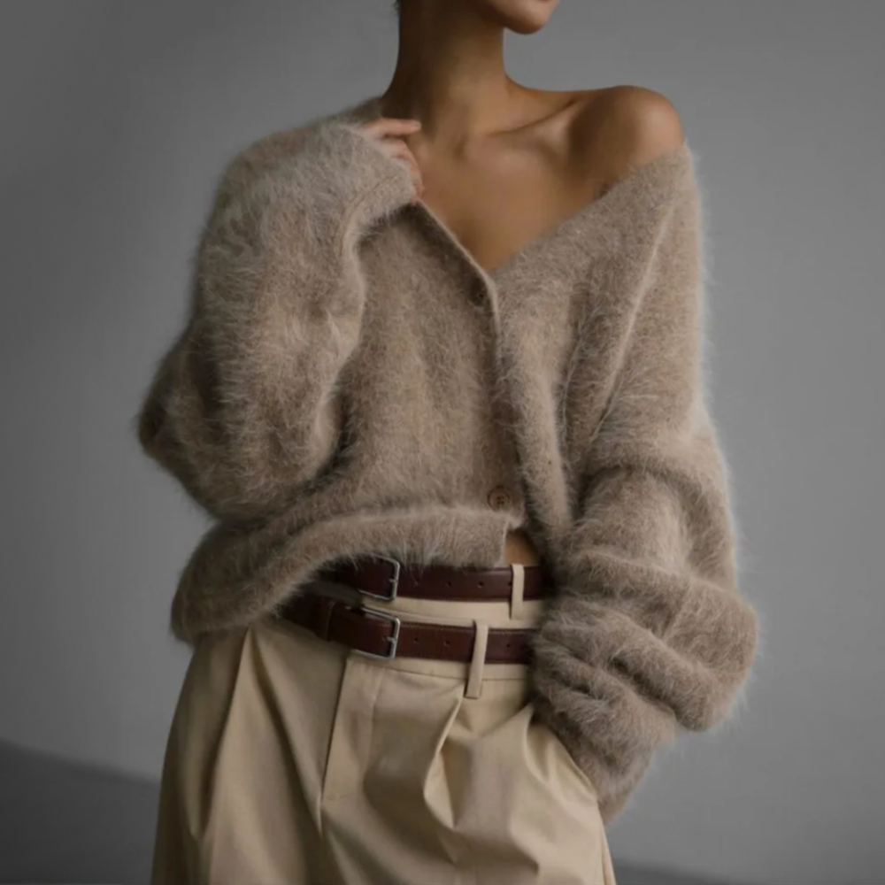Cardigan din material pufos cu decolteu în V și mânici lungi | M&R - 8 - Modariox