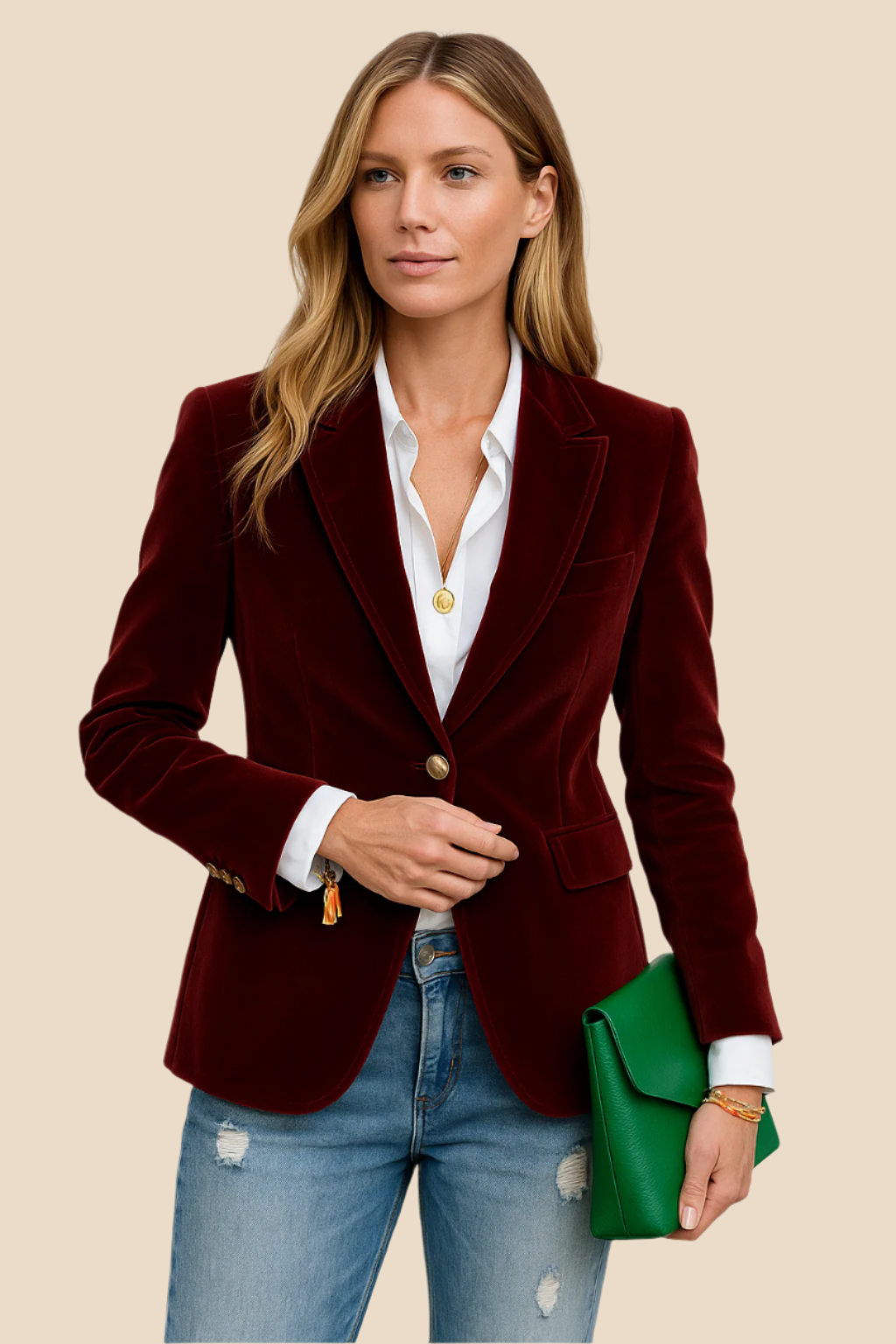 Blazer din catifea verde cu guler clasic și detalii aurii | M&R - 1 - Modariox